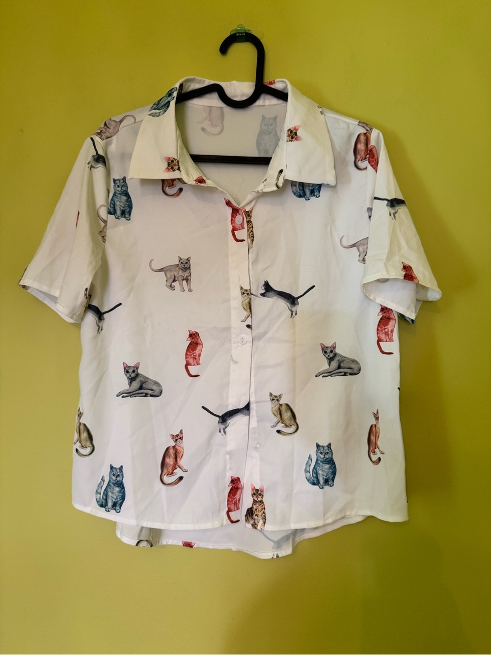 Cat Print Short Sleeve Button-Up Shirt - White